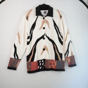 VTG Storybook Knits Cardigan S Cream Black Animal‎ Print Button Sweater Teacher